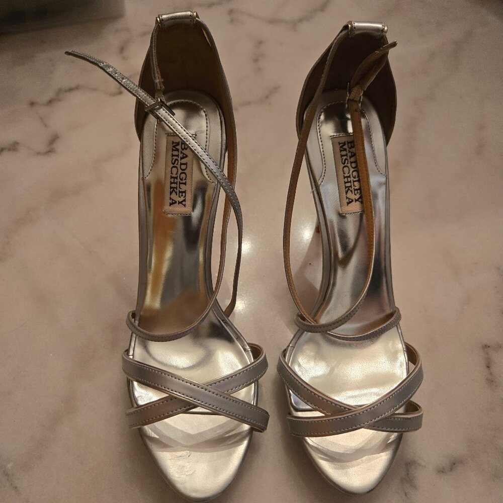Badgley Mischka Lillian Silver Metallic Strappy Ankle Heels